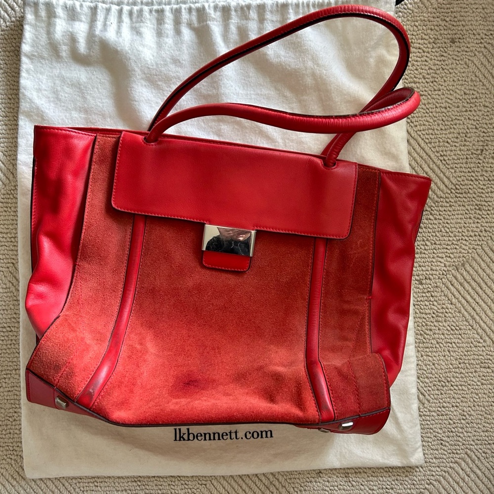 LK Bennett Tote Bag - Orange Red Suede and Leather